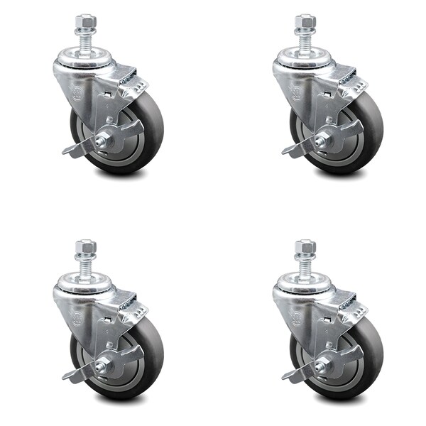 4 Inch Thermoplastic Rubber Swivel 10mm Threaded Stem Caster Set with Brake